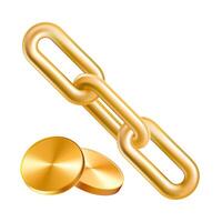Golden chain 3d link, money blockchain payment. Gold coins attached link, network share exchange finance. Currency web hyperlink, realistic business partnership icon. Locked ring fintech website vector
