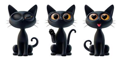 Magic black cat 3d realistic haloween kawai illustration. Devil closed eye peek, boo for friday 13. Raised paw kitten meow as hello sign, love hearts in look. Happy smiling cute animal, render vector