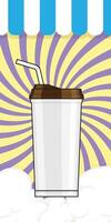 Glass of drink with halo background with swirl pattern clouds and colorful hanging flags Vertical composition vector