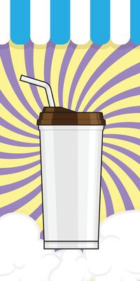 Glass of drink with halo background with swirl pattern clouds and colorful hanging flags Vertical composition