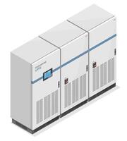 Isometric illustration of a large industrial UPS cabinet system with touchscreen control panel used for backup power in data centers or manufacturing facilities vector