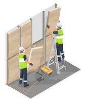 Construction workers installing wall panels vector