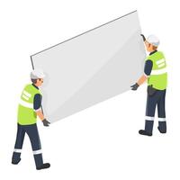 Construction workers evaluating wall panel material choice during building project with focus on safety durability and installation suitability vector