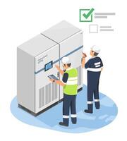 Technicians performing annual inspection and testing of industrial UPS backup power system for operational safety and reliability vector