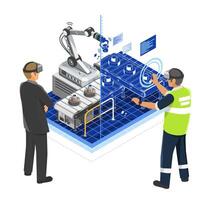 Robotic arm and virtual reality in industry vector