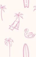 Minimal seamless pattern of pink summer icons including palm trees, deck chair, surfboards and inflatable flamingo on beige background vector