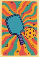 Retro pickleball poster with a paddle and ball on a colorful wavy psychedelic background, playful star decorations vector