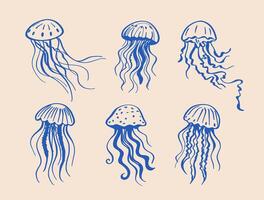 Collection of hand-drawn jellyfish in various shapes and tentacle styles in blue line art on beige background vector