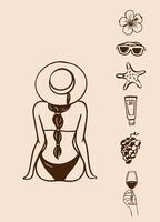 Silhouette of a woman in bikini with long braid and sunhat relaxing, surrounded by tropical summer elements on beige background vector