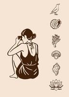 Silhouette of a woman taking photos while sitting, surrounded by tropical nature elements on a beige background vector