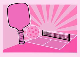 Bright pink illustration of a pickleball court with paddle, perforated ball, net, and a stylized sunburst background vector