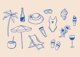 Collection of hand-drawn blue summer icons including swimsuit, hat, coconut, umbrella, wine glass, and beach elements on beige background vector