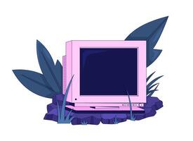 Abandoned pink CRT monitor in nature 2D cartoon object. Old technology in rocky lush plants. Y2K tech. Electronics nostalgia isolated element flat clip art on white. Spot illustration vector
