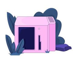 Overgrown pink vintage computer in nature 2D cartoon object. Forgotten technology decay grass. Y2K tech. Electronics nostalgia isolated element flat clip art on white. Spot illustration vector