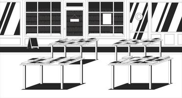 Empty bookstore interior with display tables line illustration backdrop. Publishing, library. Retail bookshop exterior, bookcrossing books 2D ink outline monochrome background. Lineart vector