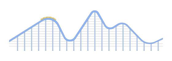 Thrilling roller coaster ride 2D cartoon object. Amusement theme park attraction steep drop. Rail rollercoaster train reaching peak isolated element flat clip art on white. Spot illustration vector
