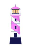 Striped lighthouse front view 2D cartoon object. Nautical beacon. Guiding light. Maritime tower. Watchtower navigation. Marine guide isolated element flat clip art on white. Spot illustration vector