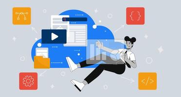 Cloud-based web development 2D illustration concept. Black woman developer floating amidst programming code, data charts, media cartoon conceptual abstract art. Flat metaphor on grey background vector