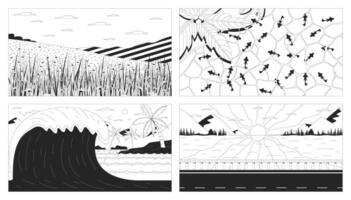 Scenic nature lo-fi line illustration backdrops set. Meadow hills, tropical wave, resort pool top view, mountain lake sunset highway 2D ink outline monochrome backgrounds. Lineart collection vector