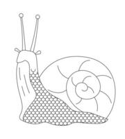 Cute snail 2D line character. Spiral gastropod mollusk with antenna eyes. Mollusca shelled mascot. Whimsical slug shell isolated ink outline fantasy animal. Monochromatic spot illustration vector