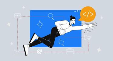 Superhero coder flying out browser window 2D illustration concept. Freelance programmer superpower. Front end web developer cartoon conceptual abstract art. Flat metaphor on grey background vector
