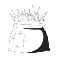 Rustic burlap sack filled with straw 2D line object. Hay packaging with stitched patch. Agricultural supply. Rural item isolated clipart ink outline item. Monochrome spot illustration vector