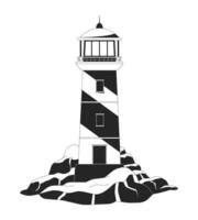 Lighthouse on rocky coast 2D line object. Seaside beacon cliff rocks. Beach safety. Marine signal. Shore light. Nautical landmark isolated clipart ink outline item. Monochrome spot illustration vector