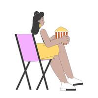 Curvy hispanic woman sitting in folding chair eating popcorn 2D cartoon character. Plus size latina girl with popcorn bucket flat person isolated on white. Spot illustration colorful vector