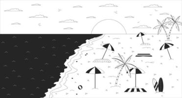 Empty beach sunset with umbrellas and palm trees line illustration backdrop. Tropical shore summer. Sandy coast seaside towels parasols 2D ink outline monochrome lo-fi background. Lineart vector