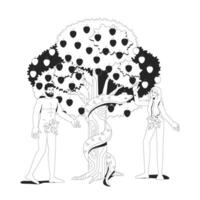 Adam and Eve with serpent at tree of knowledge 2D line bible characters. Biblical people, snake coiled around appletree trunk isolated ink outline people. Monochromatic spot illustration vector