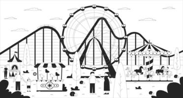 Funfair amusement park line illustration. Fairground attractions. Carnival rides, rollercoaster, ferris wheel. Visitors with children 2D ink linear characters monochrome. Flat outline image vector
