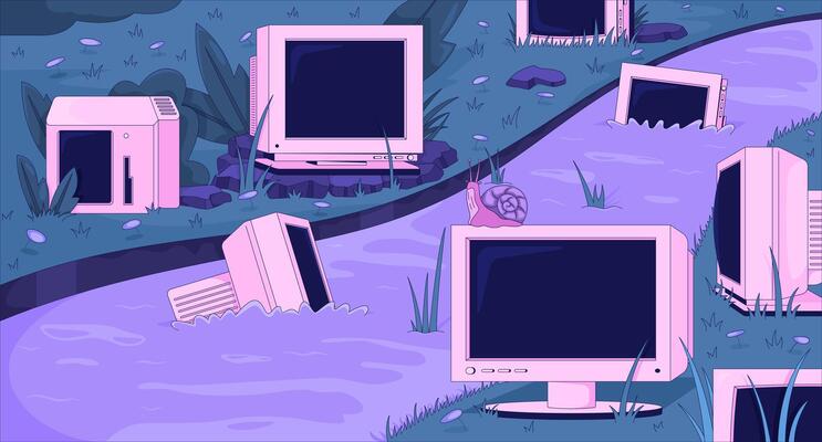 Abandoned CRT monitors in grassy stream lofi animation cartoon wallpaper. Nature reclaiming. Slow technology. Outdated computers swamp. Lo fi 2D animated background 4k . Concept chill aesthetic