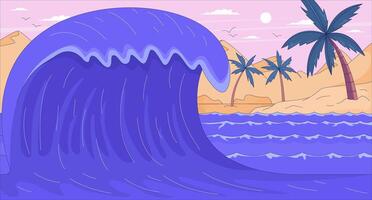 Large ocean wave crashing near tropical beach flat illustration background. Sea paradise. Surf style. Seascape coast sandy desert island 2D cartoon lofi backdrop. Colorful scene art image vector