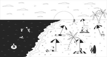 Sunset beach with people swimming and relaxing lofi illustration outline. Summertime joy. Tropical shoreline with sun setting 2D ink linear flat lo fi drawing. line art aesthetic wallpaper vector