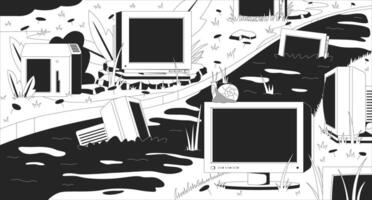Abandoned CRT monitors in grassy stream lofi illustration outline. Nature reclaiming. Slow technology. Outdated computers swamp 2D ink linear flat lo fi drawing. line art aesthetic wallpaper vector
