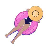 Black woman relaxing on donut float top view 2D cartoon character. Swimwear girl floating on inflatable doughnut ring flat faceless person isolated on white. Spot illustration colorful vector
