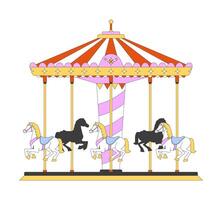 Vintage carousel with spinning horses 2D cartoon object. Striped canopy nostalgic merry go-round. Classic fair entertainment ride isolated element flat clip art on white. Spot illustration vector