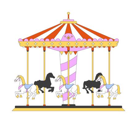 Vintage carousel with spinning horses 2D cartoon object. Striped canopy nostalgic merry go-round. Classic fair entertainment ride isolated element flat clip art on white. Spot illustration