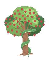 Tree of knowledge with serpent and apples 2D cartoon bible character. Temptation forbidden fruit. Garden Eden appletree with coiled snake flat isolated on white. Spot illustration colorful vector