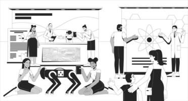 Science festival STEM fair line illustration. Robotics engineer, scientist showcasing robot dog, physics research to visitors 2D ink linear characters monochrome. Flat outline image vector