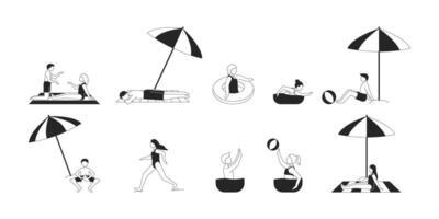 Diverse bathers enjoying beach activities 2D line characters set. Sunbathing relaxing under umbrellas, swimming isolated ink outline people faceless. Monochrome spot illustrations collection vector
