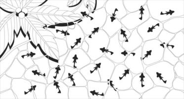 Top view tropical swimming pool with fishes and palm-tree line illustration backdrop. Resort poolside, beach edge overhead. Swimmingpool 2D ink outline monochrome lo-fi background. Lineart vector
