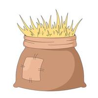 Rustic burlap sack filled with straw 2D cartoon object. Hay packaging with stitched patch. Agricultural supply. Rural item isolated element flat clip art on white. Spot illustration vector