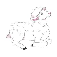 Lamb lying down in peaceful pose 2D cartoon character. Innocence. Pastoral gentle creature. Cute little sheep with soft white wool flat animal isolated on white. Spot illustration colorful vector