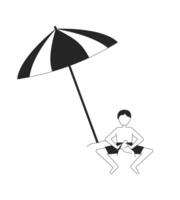 Boy building sandcastle under tilted beach umbrella 2D line character. Male child in swim trunks playing with sand castle isolated ink outline person faceless. Monochromatic spot illustration vector
