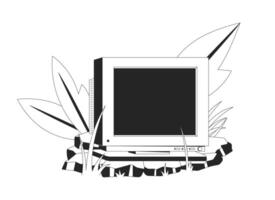 Abandoned CRT monitor in nature 2D line object. Old technology in rocky lush tropical plants. Y2K tech. Electronics nostalgia isolated clipart ink outline item. Monochrome spot illustration vector