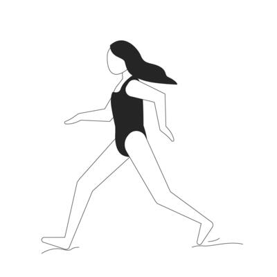 Girl running on beach in swimsuit 2D line character. Active child barefoot jogging. Seaside activity. Young woman runner isolated ink outline person faceless. Monochromatic spot illustration