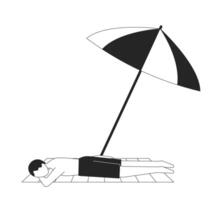 Man sunbathing face down under beach umbrella 2D line character. Parasol shade beachgoer boy lying on towel in swim trunks isolated ink outline person faceless. Monochromatic spot illustration vector