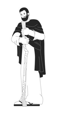 Joseph holding wooden staff 2D line bible character. Biblical kind guardian. Spiritual leader shepherd humble man standing isolated ink outline person. Monochromatic spot illustration