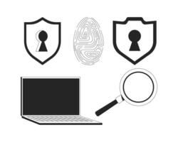 Cybersecurity tools and access control 2D line objects set. Shields keyholes, fingerprint, laptop, magnifying glass isolated cliparts ink outline items. Monochrome spot illustrations collection vector